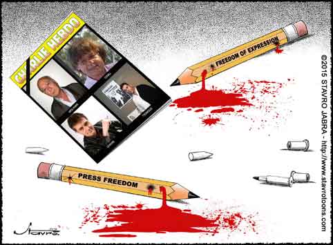 stavro- Quatre caricaturistes tu�s dans une attaque barbare au si�ge de la revue humoristique Charlie Hebdo � Paris