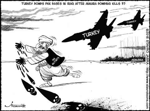 stavro-Turkey bombs PKK bases in Iraq after Ankara bombing kills 37.