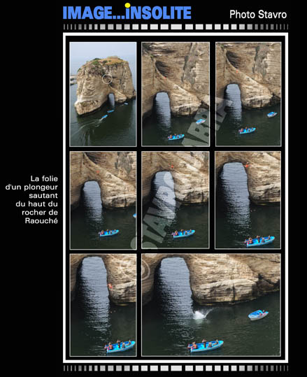 photo stavro - La folie d'un plongeur sautant du haut du rocher de Raouch  Beyrouth