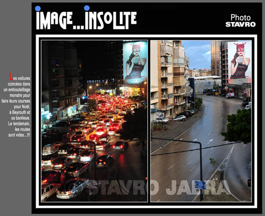 photo stavro - Les voitures coinces dans un embouteillage monstre pour faire leurs courses de Nol  Beyrouth, et le lendemain les routes sont vides !