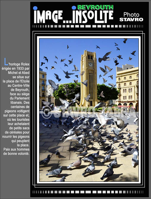 photo stavro - L'horloge rige en 1933 par Michel el-Abed se situe sur la place de l'Etoile au Centre-Ville de Beyrouth, face au sige du Parlement libanais. Des centaines de pigeons voltigent sur cette place.