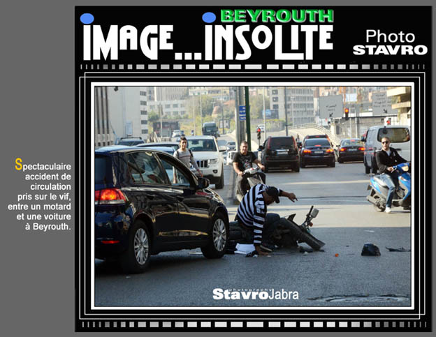 photo stavro- Spectaculaire accident de circulation pris sur le vif, entre un motard et une voiture  Beyrouth.